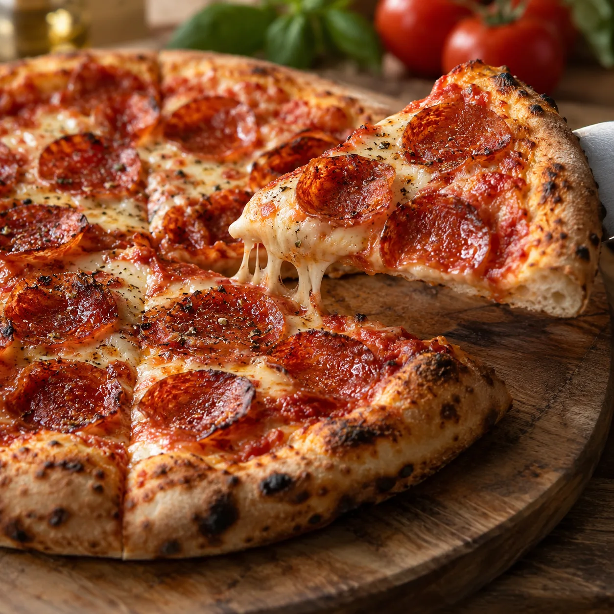 Porción de pizza recién horneada con queso fundido