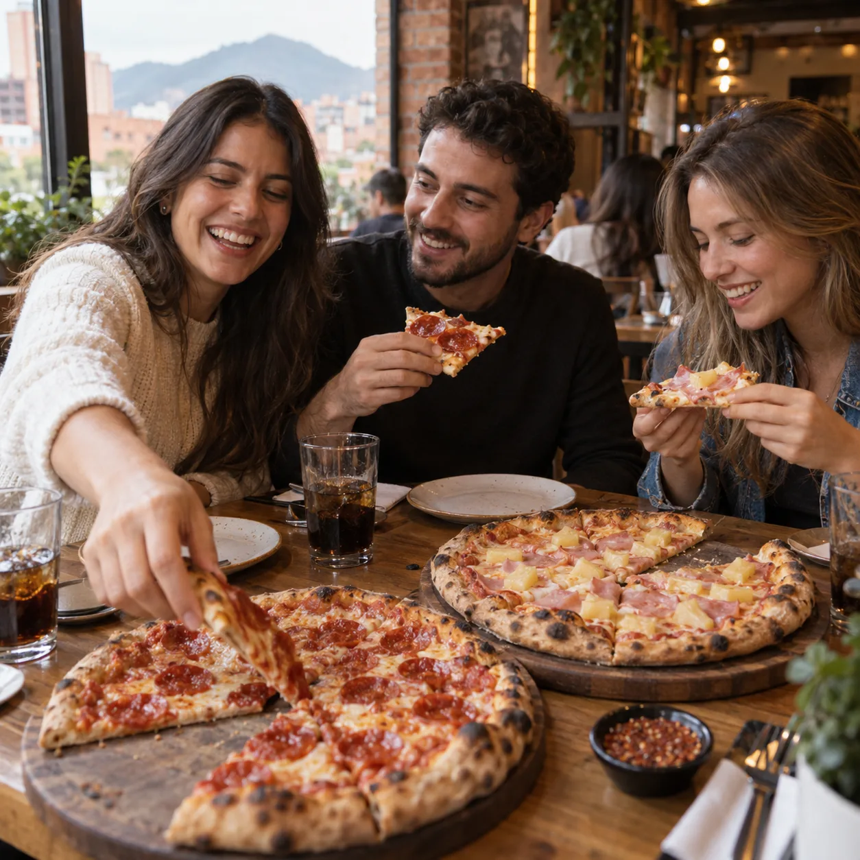 Tres amigos compartiendo pizzas en una mesa