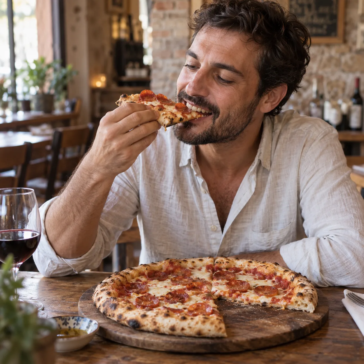 Hombre disfrutando pizza pepperoni en una trattoria